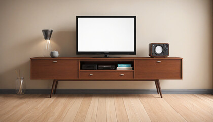 Brown wooden TV stand on white background. TV cabinet.