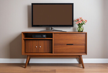 Brown wooden TV stand on white background. TV cabinet.