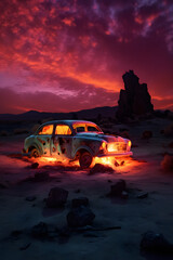 an old car burning on a deserted desert at night