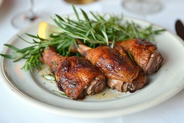 Close-up of duck confit on a white porcelain plate. Traditional French dish of slow-cooked duck legs garnished with arugula leaves. The calling card of French cuisine.
