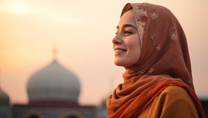 Portrait of beautiful muslim woman with hijab smiling at sunset outdoors