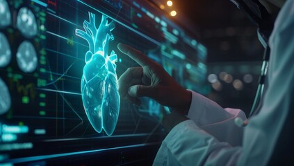 Doctor analyzing virtual human heart and lungs display