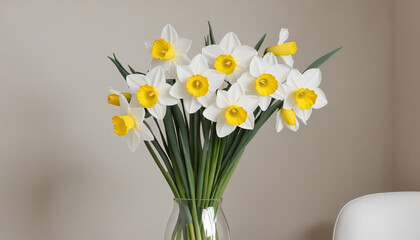 White and yellow daffodil bouquet in small vase, hotel room backdrop with space for text.