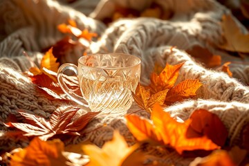 Glass coffee cup, the light creating sparkling reflections, autumn leaves. The setting is a plush, inviting blanket, with the scene enveloped in the brilliant, warm light of a sunny day