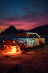 an old car burning on a deserted desert at night