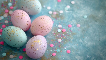 Fototapeta na wymiar Easter background with pastel colored eggs and confetti on blue