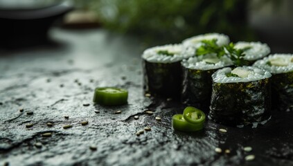 Sushi roll with cucumber cheese on black stone