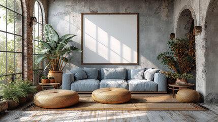 Fototapeta na wymiar Mockup poster frame in modern interior, grey room with brown decoration, 3d render, Generative Ai.