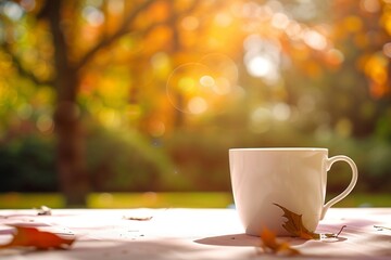 The background captures the blurred essence of autumn leaves in vibrant shades, enhancing the peaceful atmosphere of a bright day in the park. cup of coffee and autumn leaves