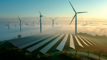 Fields of renewable and alternative energies, solar energy and wind turbines. Environment concept