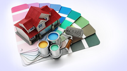 Color pallette guide, house model, paint cans and paint roller. 3D illustration