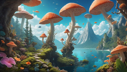 Vivid dream-like scenery with giant mushrooms, trees, and mountains, illustration