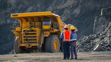 two African American geological workers against the backdrop of a sprawling open-pit coal mine, with a towering yellow mining truck, illustrating the scale and intensity of the mining operation.