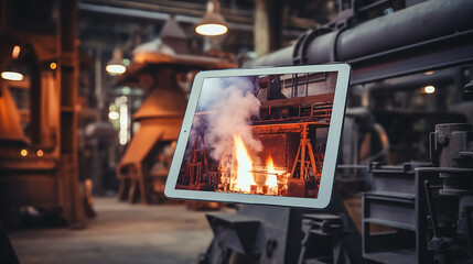 Handsome mature engineer in the factory with digital tablet - obrazy, fototapety, plakaty