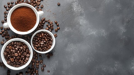 coffee beans and ground coffee in white plates on a gray background, offering a top view with ample copy space
