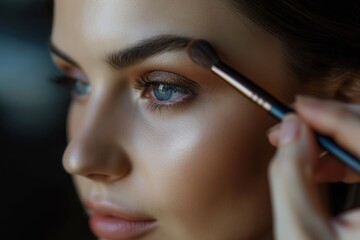 Obraz premium Close up portrait of beautiful young woman applying eyeshadow powde