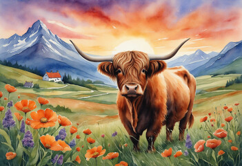 Watercolor illustration of a highland cow with flowers. Mountain view. Vibrant colors. Orange sky