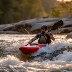 A lone kayaker braves the wild rapids, navigating his sleek watercraft with skill and determination while surrounded by the beautiful outdoor scenery