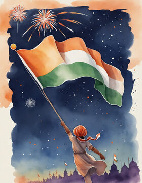 Nighttime watercolor painting of Indian flag with fireworks.