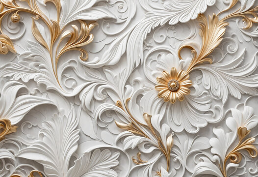 Fototapeta Luxurious 3D printed ceiling wallpaper featuring white flowers, swans, silk, and marble design