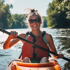 A woman glides through the peaceful waters in her kayak, a smile on her face as she takes in the beauty of the outdoors while wearing her life jacket, sunglasses, and paddling towards a lone tree in 