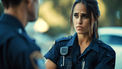 Young police woman at the scene of a crime - obrazy, fototapety, plakaty