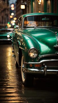 vintage green car bathed in the glow of ambient lights.