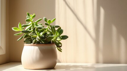 beauty of Crassula ovata, Jade Plant, in a white pot, bathed in sunlight on a beige background.