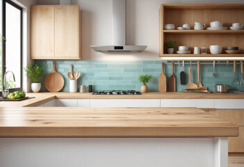 Modern kitchen interior with wooden tabletop on blurred background. Bright colors and contemporary...