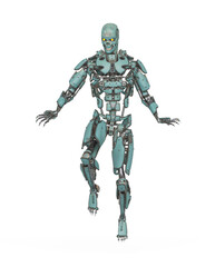 mega cyborg is floating and looking for action in white background