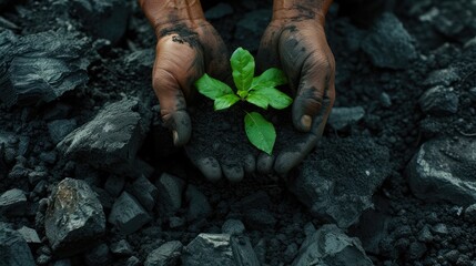 a miner's hands delicately planting a green plant amidst a coal heap, a commitment to environmental stewardship and the transition to carbon-free energy, reflecting the energy industry's climate goals - obrazy, fototapety, plakaty