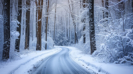 A winter road through the forest