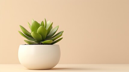 beauty of Crassula ovata, Jade Plant, in a white pot, bathed in sunlight on a beige background.