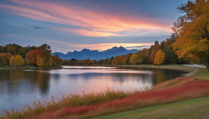 Autumn landscape with trees, mountains, and lake at river's edge