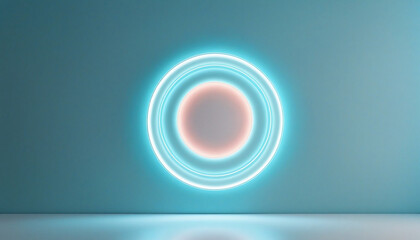 a minimalistic abstract background in soft light blue with a circular neon glow, ideal for product presentations