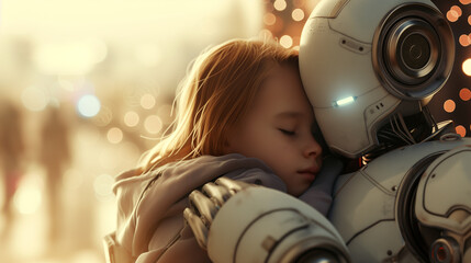 A robot hugging a little girl - obrazy, fototapety, plakaty