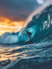 Surfer ride on barrel ocean wave at sunset. Pro surfing on large waves