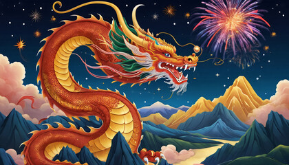 Generative AI illustration of a Dragon fireworks in the background chinese new year of the dragon celebration Tianlong
