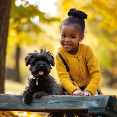 A young girl in a yellow dress sits on a wooden bench under a tree, accompanied by her playful dog and a curious toddler, enjoying the crisp fall air in the park