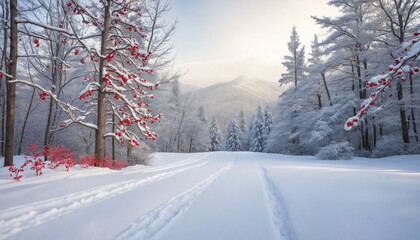 Frosty Winter Background with Christmas Trees and Red Berries. Festive Season Scene. Snow-covered Forest Background.