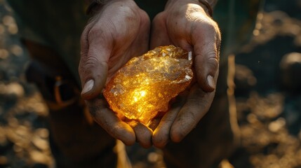 a miner proudly holding a gleaming gold nugget, with the focus sharply on the precious gemstone, illustrating the rewards of mineral exploration and discovery.