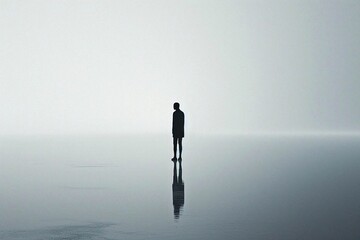 Obraz premium AI generated illustration of Silhouette of a man on a vast gray surface