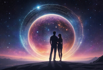 Two souls united in ethereal cosmic embrace, eternal love transcending the realms of life and death