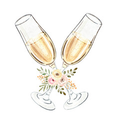 Watercolor champagne glasses crossed with flowers isolated on white