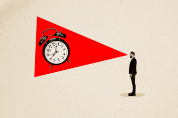 Creative collage picture standing businessman guy think stare clock timer reminder deadline miss time management employee