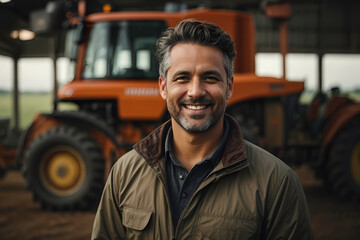 Portrait of a handsome young farmer standing in a shirt and smiling at the camera, on a tractor and nature background. Concept: bio ecology, clean environment, beautiful and healthy people, farmers - obrazy, fototapety, plakaty