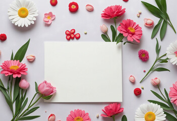 Floral-themed blank greeting card for Valentine's Day. Classic white design with delicate flowers. Trendy template for a personalized message.