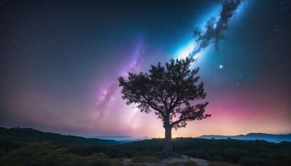 Enchanted Forest with Luminous Tree and Vibrant Colors and Celestial Night Sky