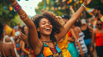 A group of people dancing and celebrating at a festival. - obrazy, fototapety, plakaty