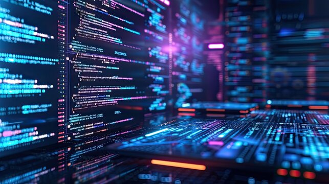 a modern computer, harnessing the power of AI to develop innovative software solutions, data science, cloud computing, and digital technology in the realm of big data management.